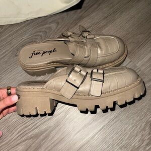 Free People Beige Croc-Embossed Mules